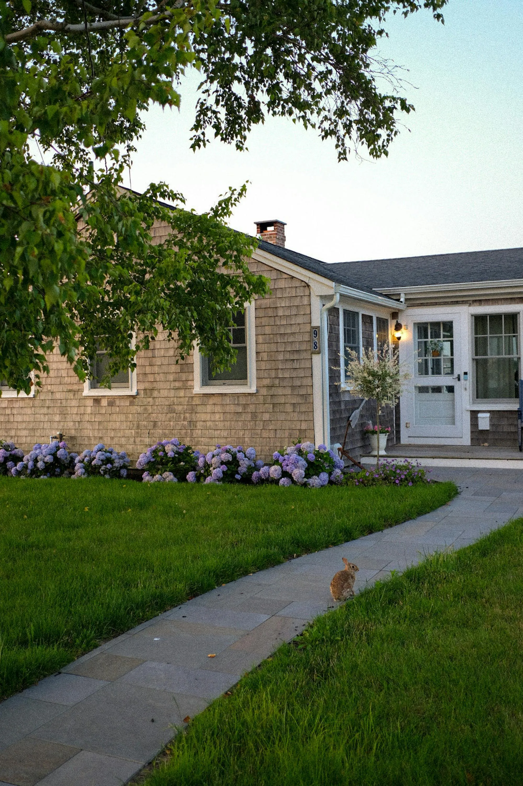 Paved pathway running alongside a flowering garden bed and lawn beside a home
